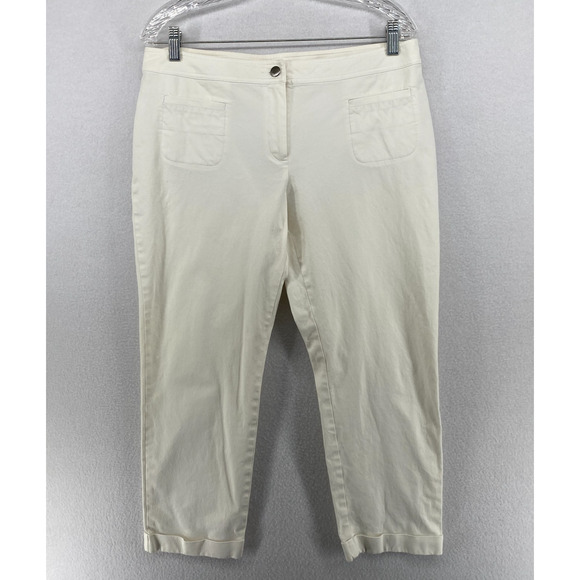 EILEEN FISHER Pants M Cotton Twill Stretch Tapered Cropped Cuffed Utility White - Picture 1 of 14